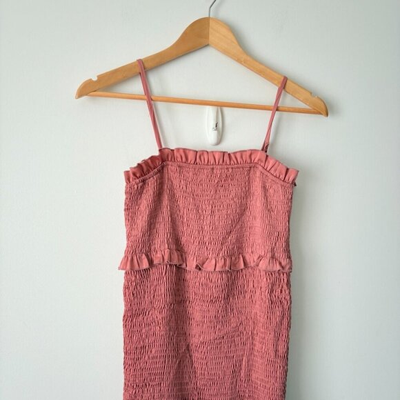 Mable Satin Smocked Fitted Ruffled Midi Dress Mauve Size Small - Picture 10 of 13